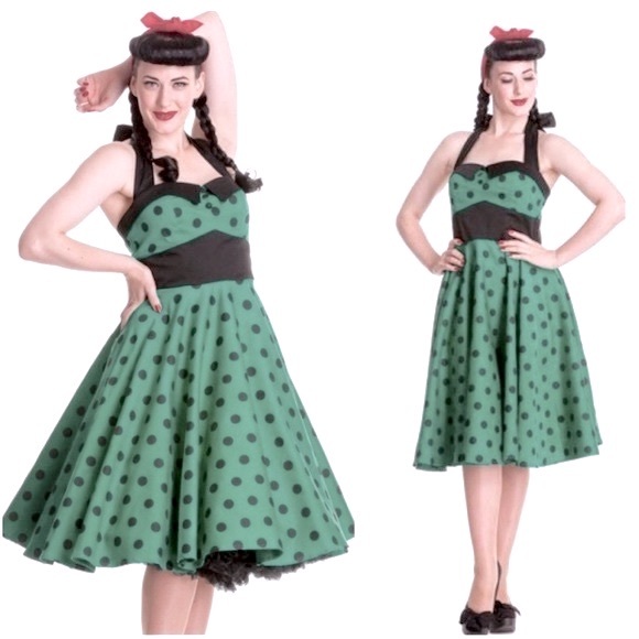 hell bunny green polka dot dress Hell Bunny 50's Vintage Style Country Girl Polka Dot Square Neck Flare  Party Dress